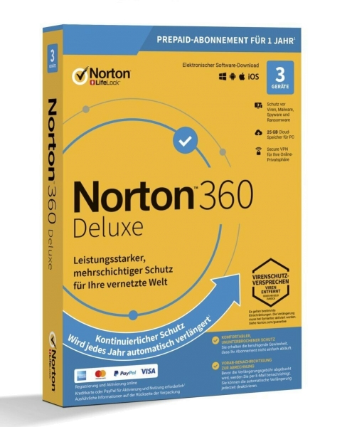 Symantec Norton 360 Deluxe, 25 Go de sauvegarde dans le nuage, 1 utilisateur 3 appareils, 12 MO de licence annuelle, téléchargement